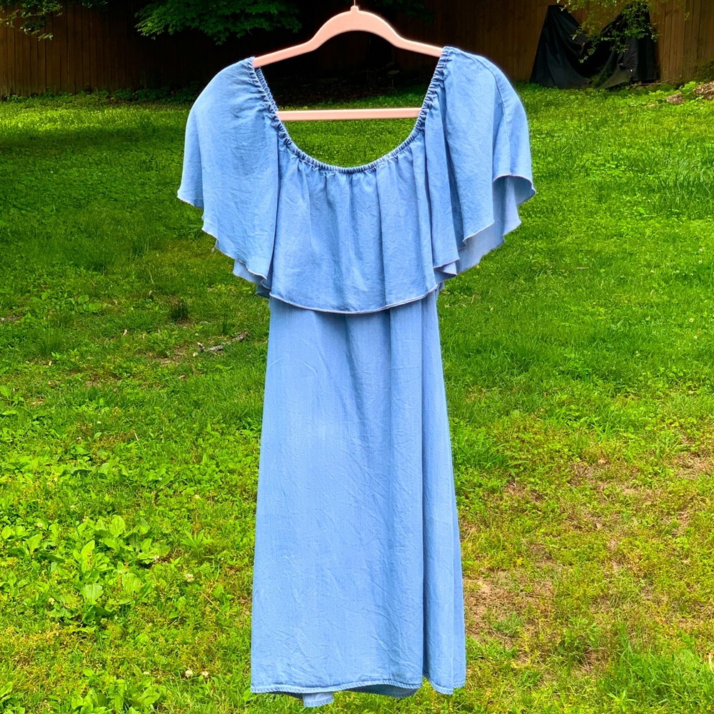 Spense Chambray Off Shoulder Ruffle Elastic Collar Midi Dress Size Small